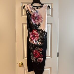 VENUS Black & White Midi Dress with Pink Floral Print